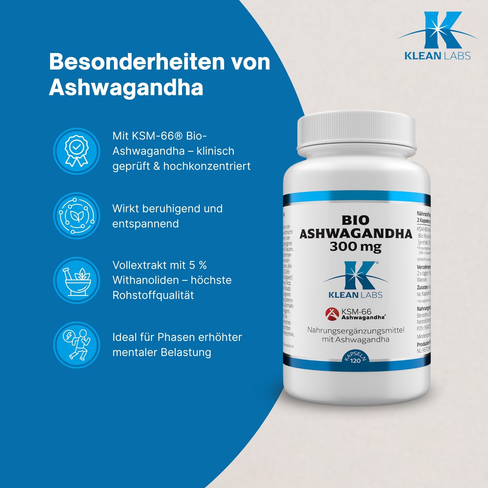 Flasche mit Produktinformationen und Infografiken. Enthält Informationen zu Ashwagandha und Klean Labs.