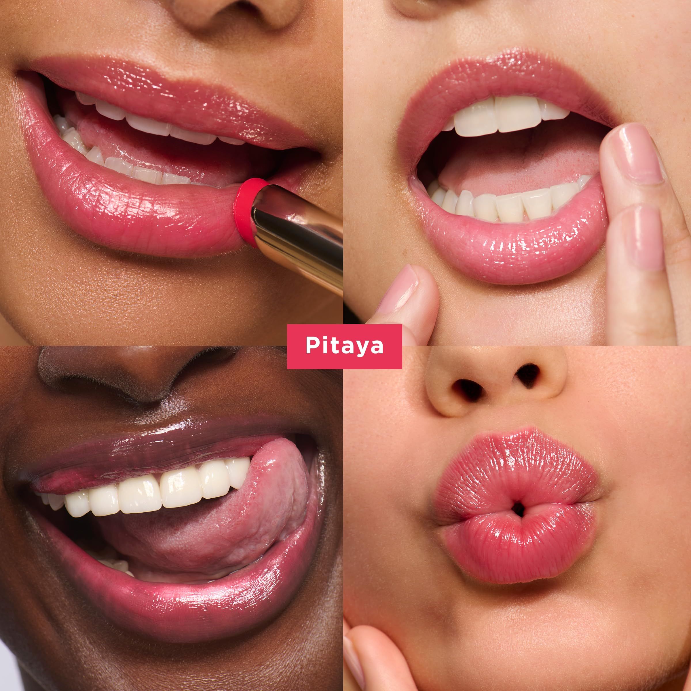 Vier Nahaufnahmen von Lippen, die Lippenbalsam verwenden. Verschiedene Hauttöne und Lippenformen. Produktname: Pitaya.