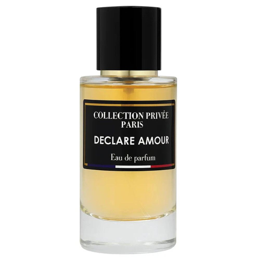 Parfümflakon mit schwarzem Deckel. Aufschrift: Collection Privée Paris, Declare Amour, Eau de parfum. Französische Flagge.
