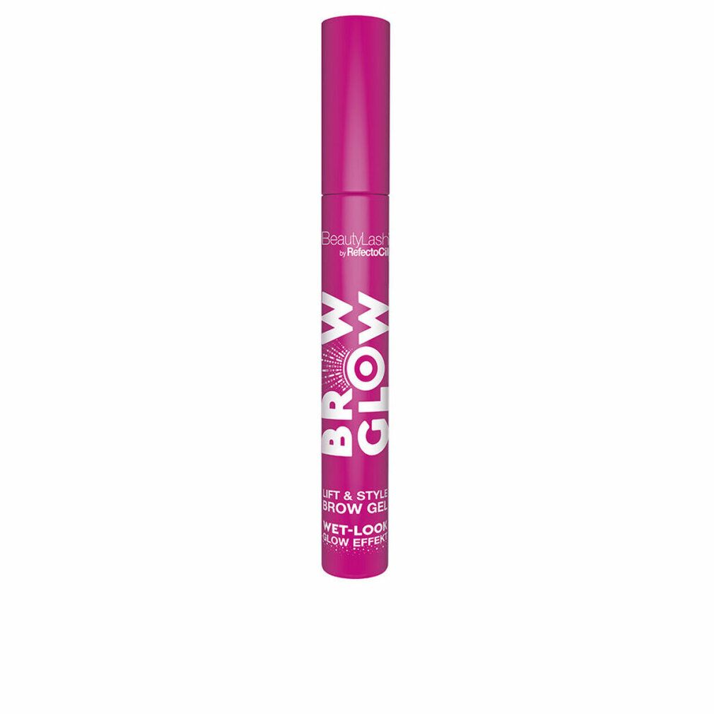 Fixiergel für Augenbrauen. Pinke Tube mit weißer Schrift: BROW GLOW, Lift & Style Brow Gel, Wet-Look Effect. Marke: BeautyLash.
