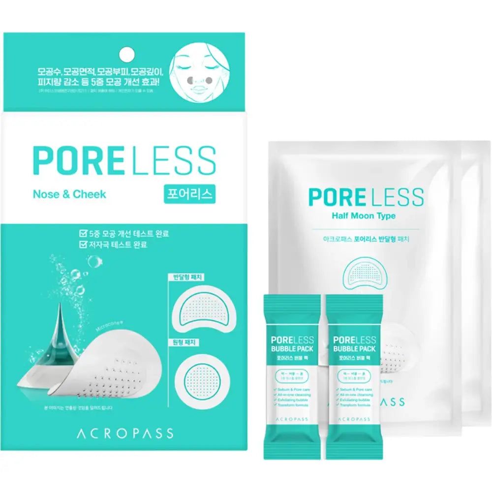ACROPASS Poreless Packung mit Produktname und Logo. Enthält zwei Päckchen und zwei kleine Beutel. Text auf Koreanisch.