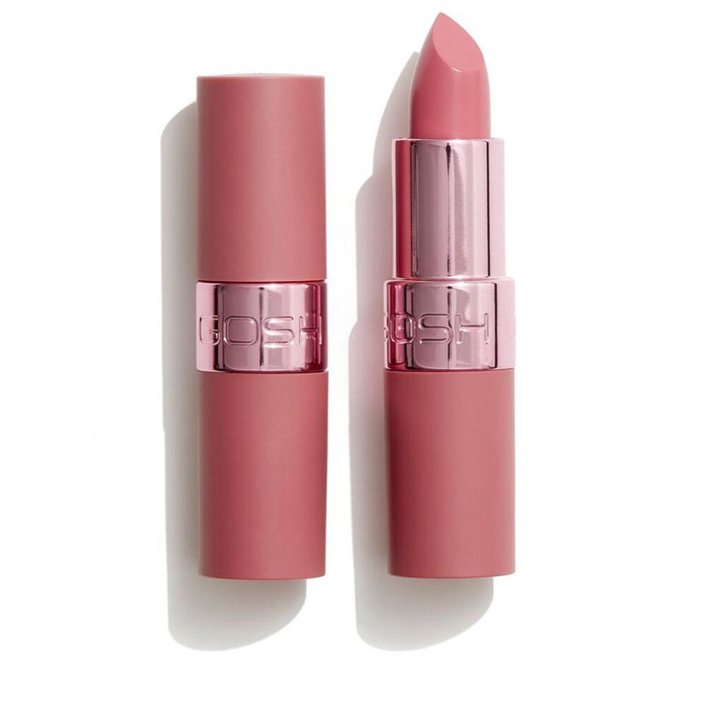 Zwei Lippenstifte, rosa Farbton, mit geöffneter und geschlossener Hülse. Marke Gosh ist sichtbar.