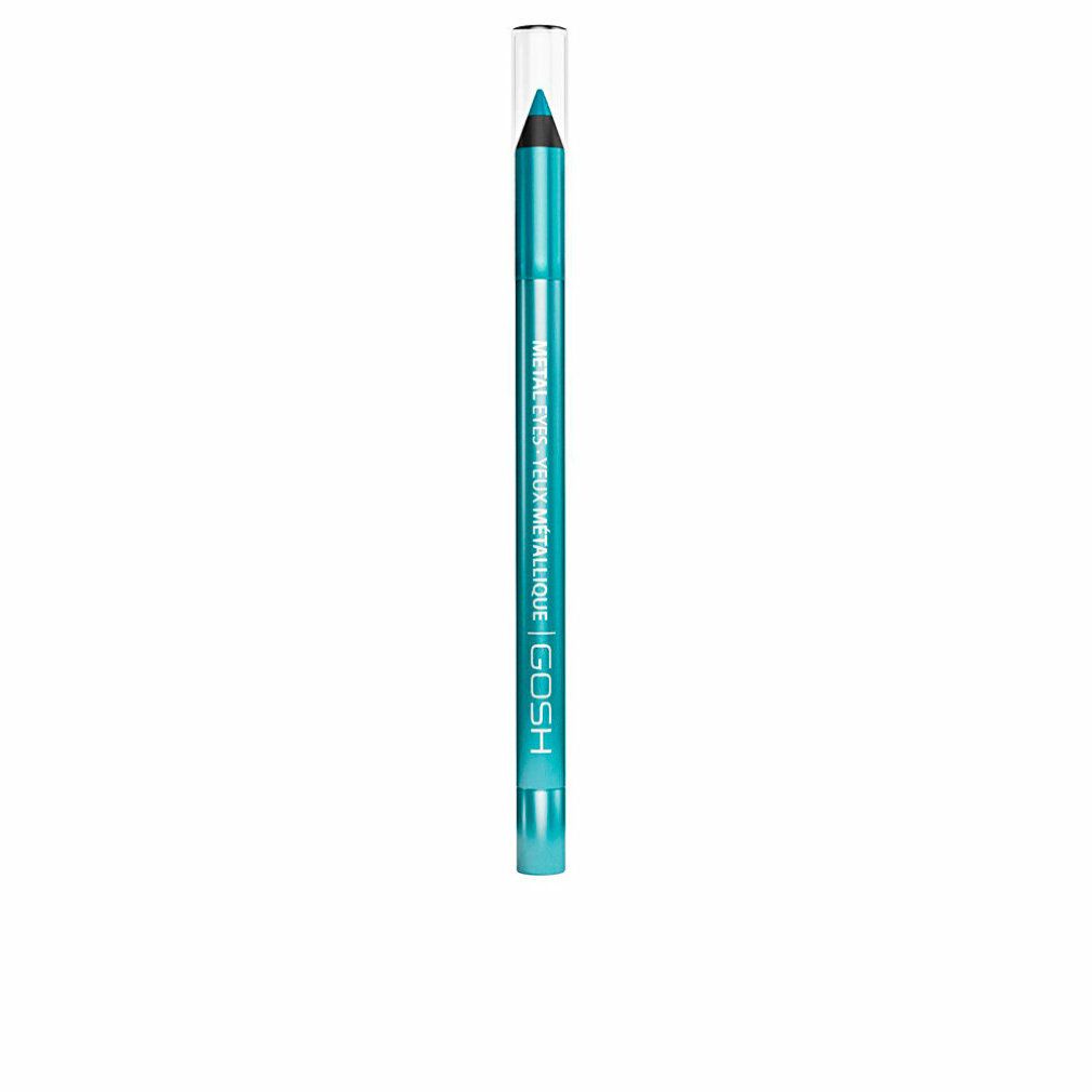 Türkisfarbener Gosh Metal Eyes Eyeliner. Der Stift hat eine transparente Kappe. Auf dem Stift steht "METAL EYES - YEUX METALLIQUE | GOSH".