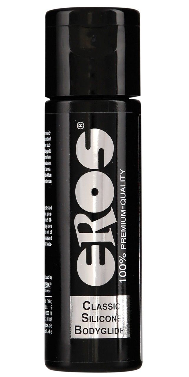 Schwarze Flasche mit EROS Logo und 'Classic Silicone Bodyglide' Aufschrift.
