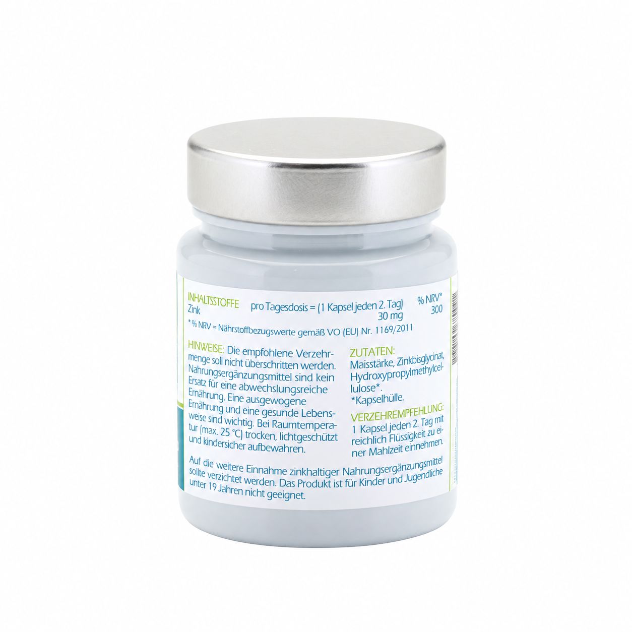 Flasche mit 60 Kapseln Zink 30 mg, Zinkbisglycinat, vegan, gluten- und laktosefrei.