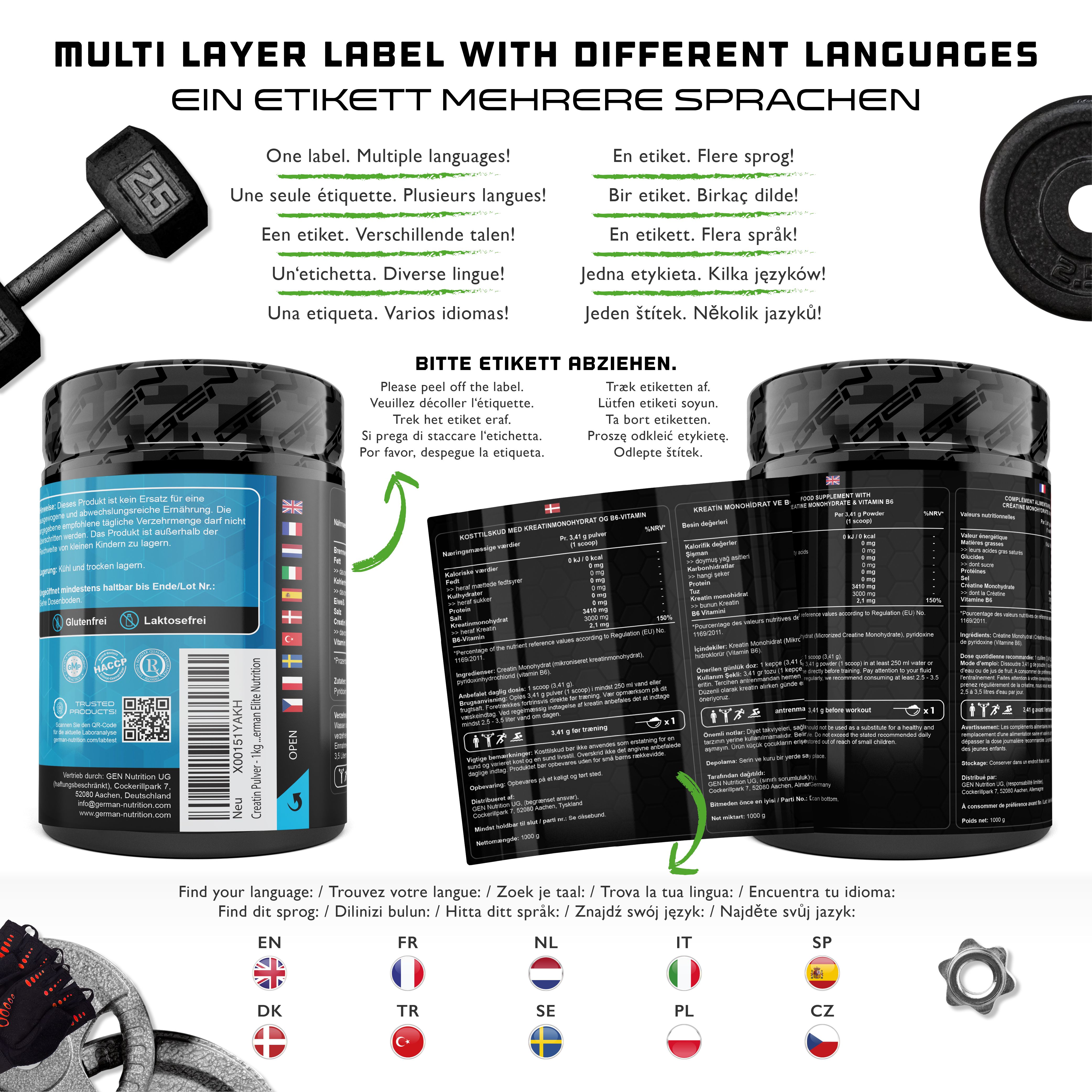 Produktverpackung von GEN Creatin Monohydrat. Mehrsprachiges Etikett. Enthält Informationen in verschiedenen Sprachen, darunter Deutsch.