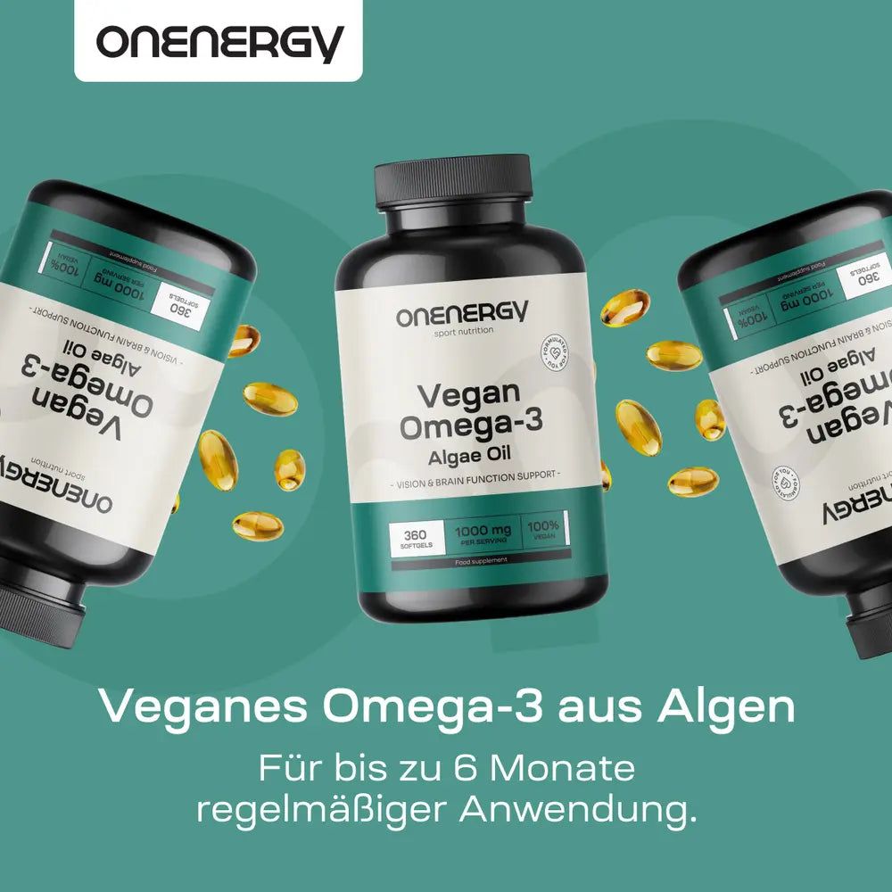 Eine Frau mit Kopfhörern steht draußen. Eine Dose L-Lysin 1000 mg ist oben rechts.
