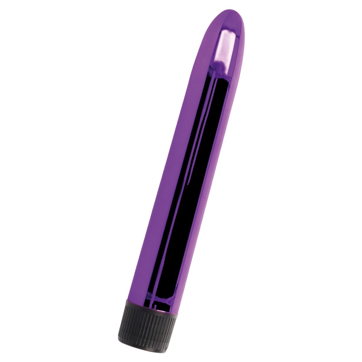 Lila Vibrator mit glatter Oberfläche und schwarzem Griff. Zylindrische Form, leicht gebogen. Glänzendes Material.