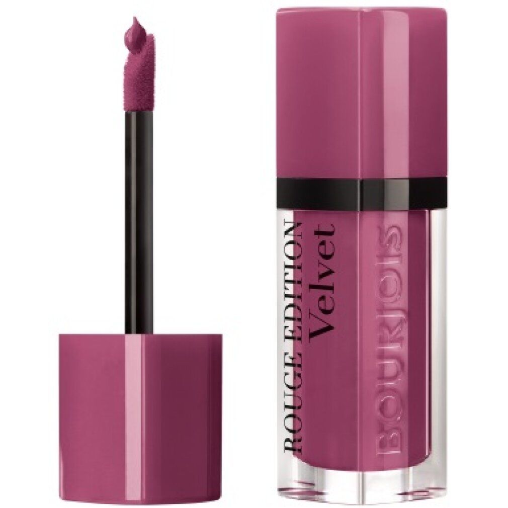 Lippenstift mit Applikator. Flasche mit rosafarbenem Deckel und schwarzem Stiel. Aufschrift: Rouge Edition Velvet.