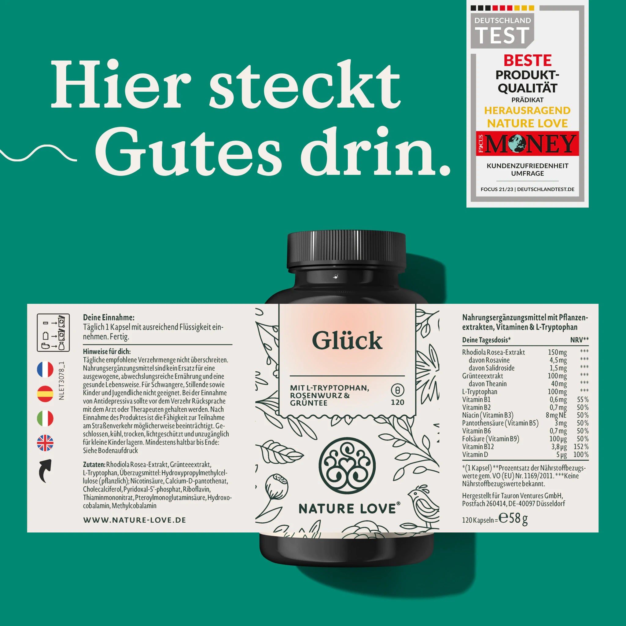 NATURE LOVE® Glück Kapseln Flasche mit Etikett. Text: Hier steckt Gutes drin. Auszeichnungen für Produktqualität.