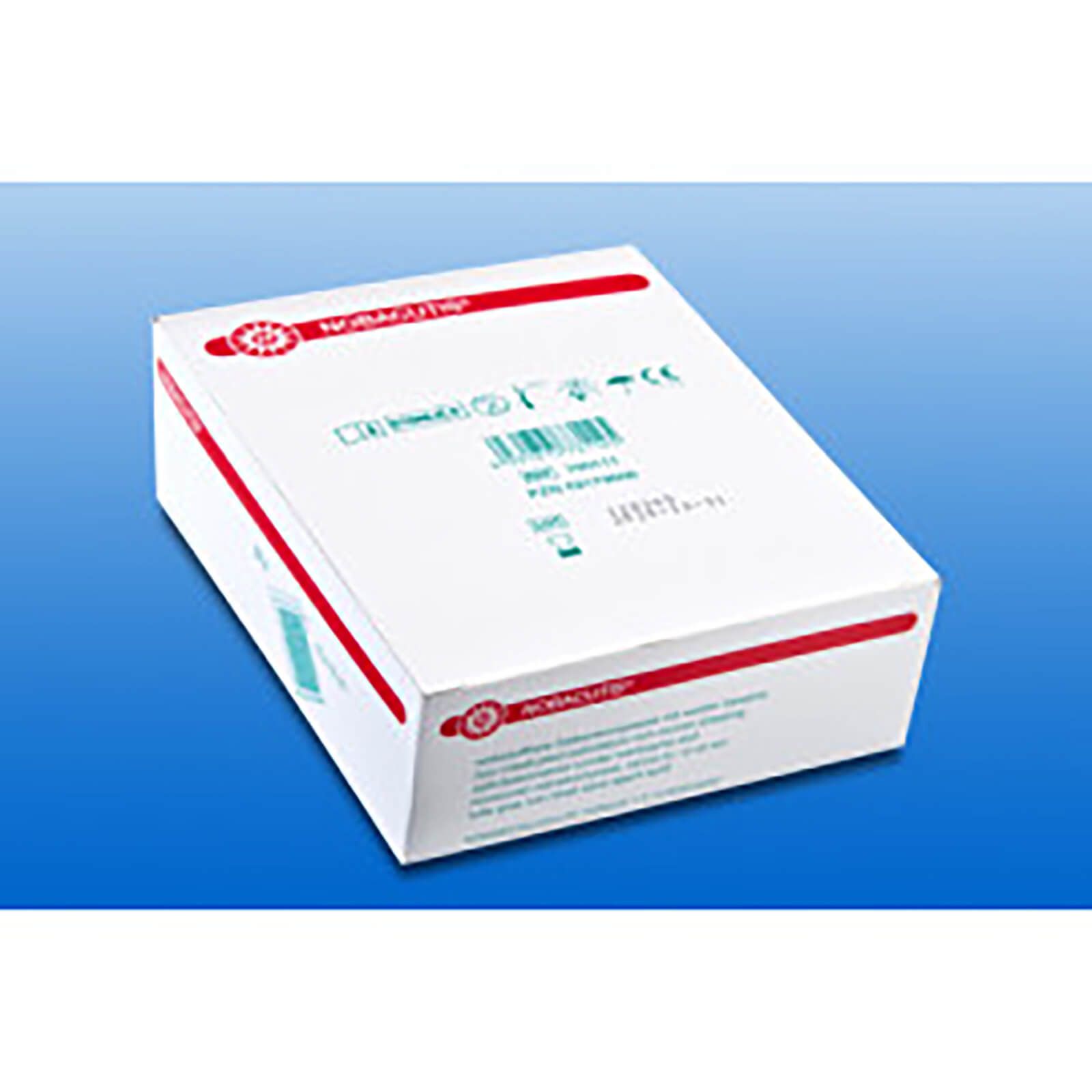 Weiße Produktverpackung mit rotem Streifen und 'NOBACUTIS'-Logo. Text und Barcode. Schräg von oben fotografiert.