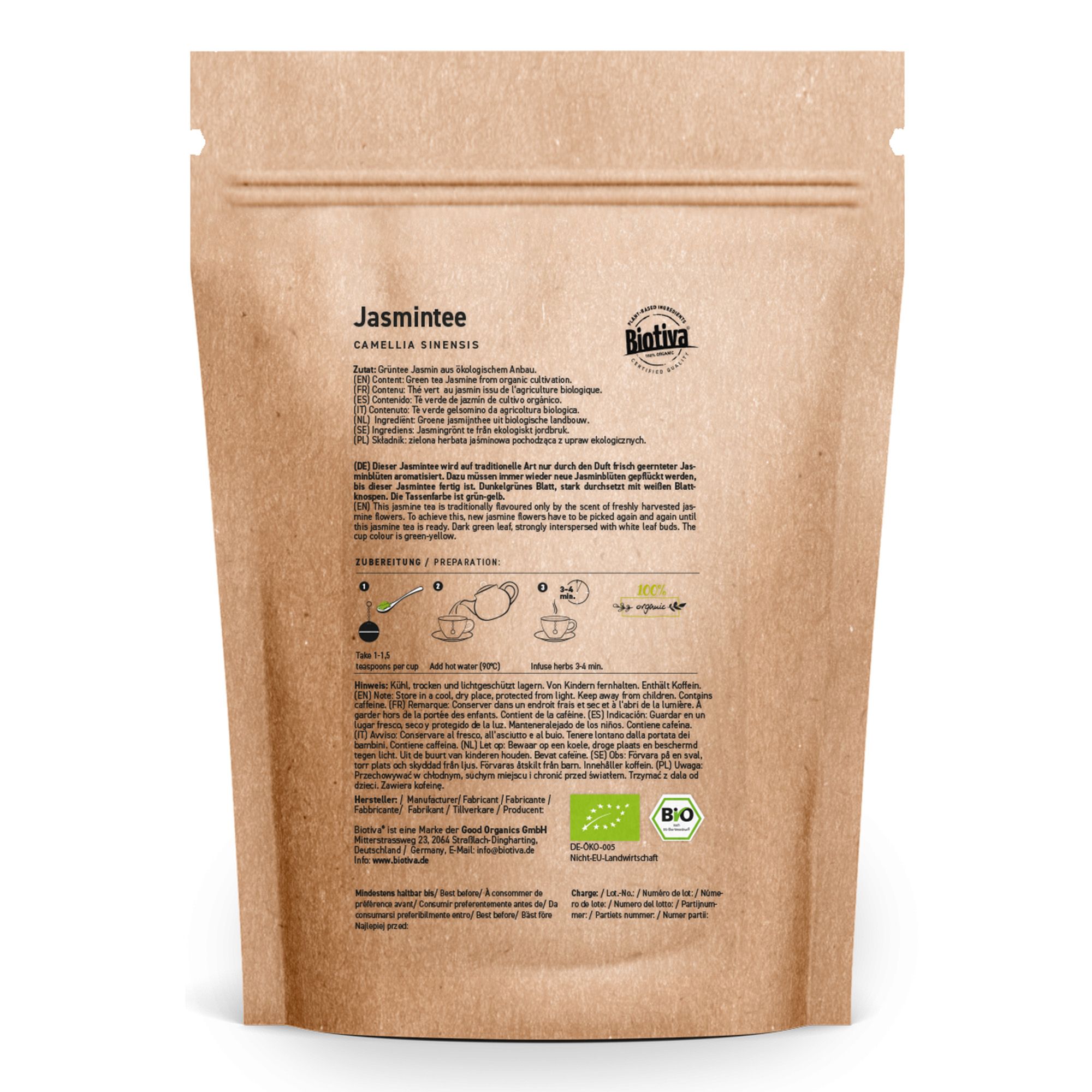 Rückseite einer braunen Papierverpackung. Text: Jasmintee, Camellia sinensis, Zubereitungshinweise, Bio-Siegel.