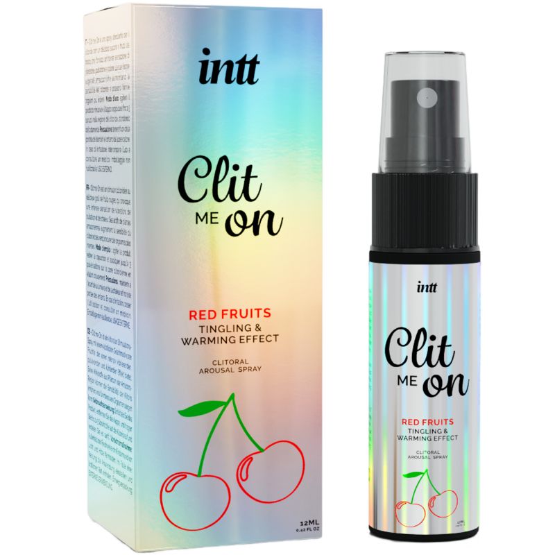 Produkt und Verpackung. Sprayflasche und Schachtel mit Aufschrift "intt Clit me on Red Fruits". Kirsch-Illustration.
