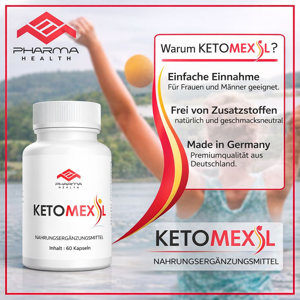 Weiße Kapsel-Dose mit rotem und gelbem Design. Aufschrift: KETOMEXIL, Pharma Health. Inhalt: 60 Kapseln. Hintergrund: Person am See.