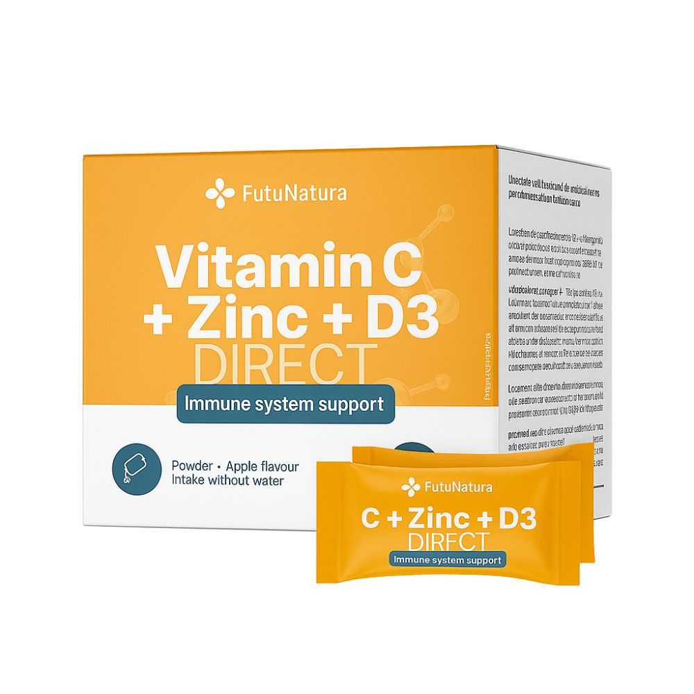 Orangefarbene Schachtel und Beutel mit der Aufschrift "Vitamin C + Zink + D3 DIRECT". Enthält Pulver, Apfelgeschmack, Einnahme ohne Wasser.