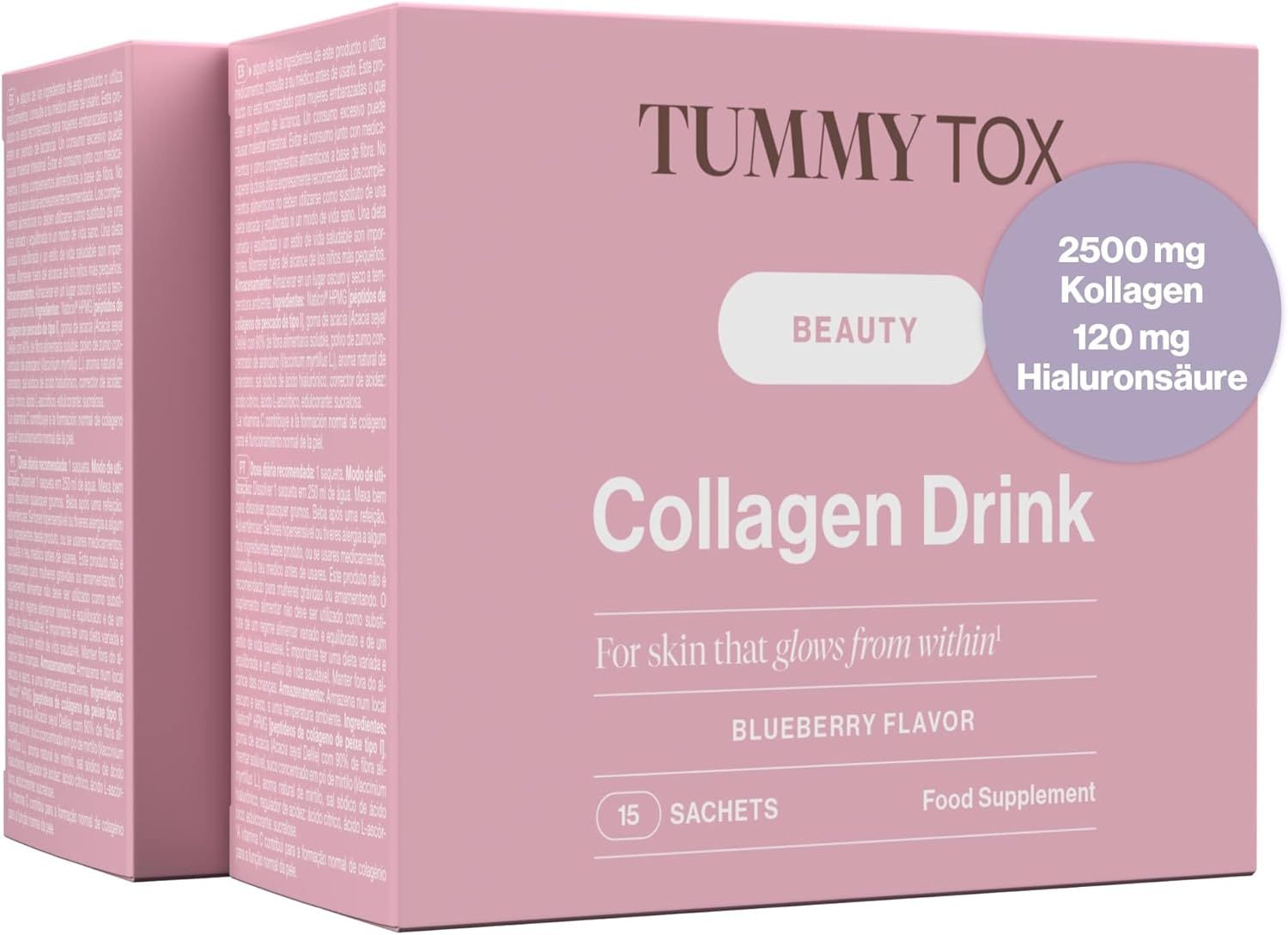Rosa Verpackung mit "Tummy Tox Collagen Drink". Enthält 15 Sachets. Aufschrift: "2500 mg Kollagen, 120 mg Hyaluronsäure".