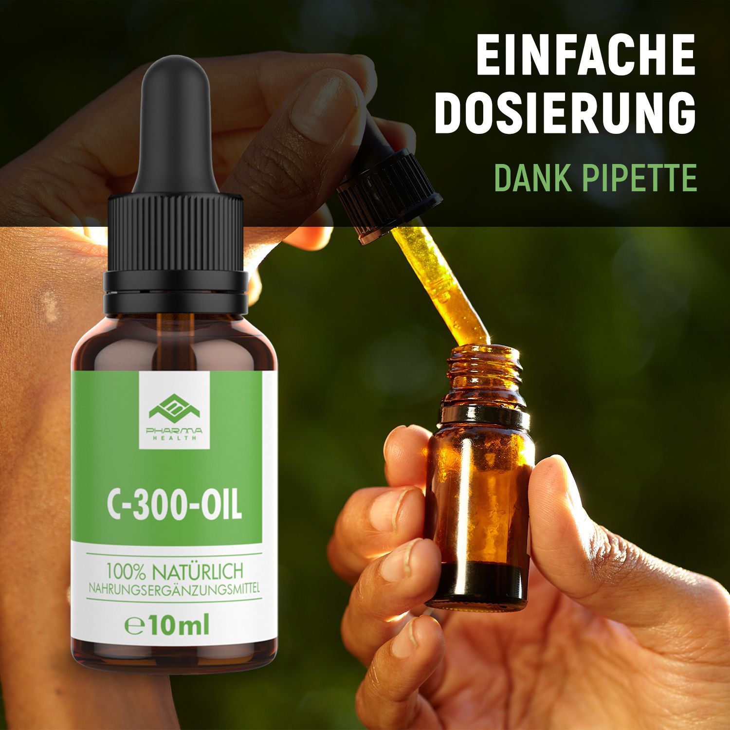Flasche mit Pipette, Öl wird in eine kleine Flasche getropft. Etikett mit "C-300-OIL" und "100% NATÜRLICH".
