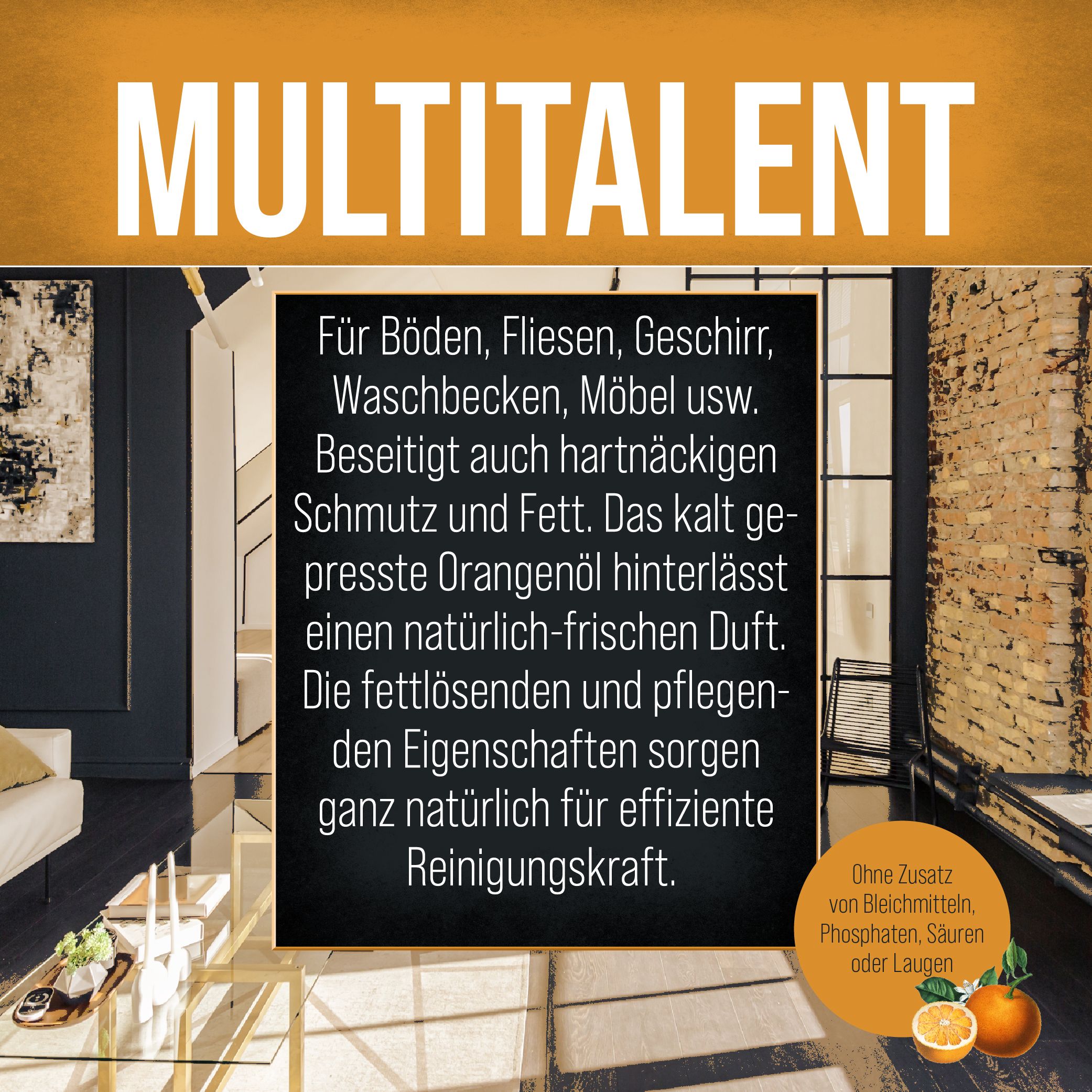 Schwarze Tafel mit Text. Text: Multitalent. Für Böden, Fliesen, Geschirr, Waschbecken, Möbel usw.