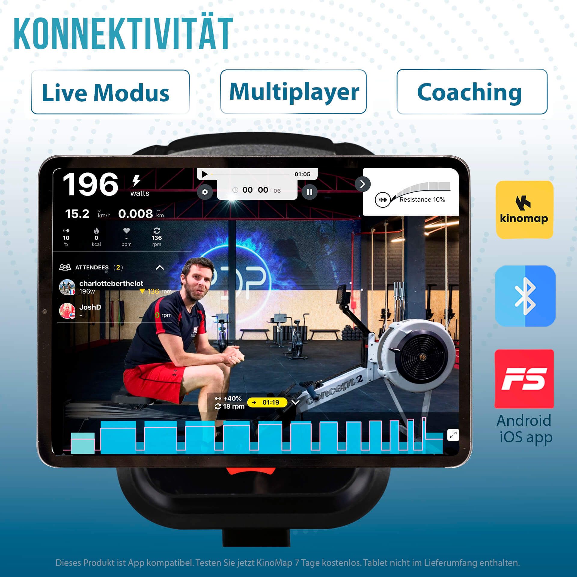 Tablet mit Live-Modus, Multiplayer und Coaching-Funktionen. Kompatibel mit Kinomap, Bluetooth und FS Android/iOS App.