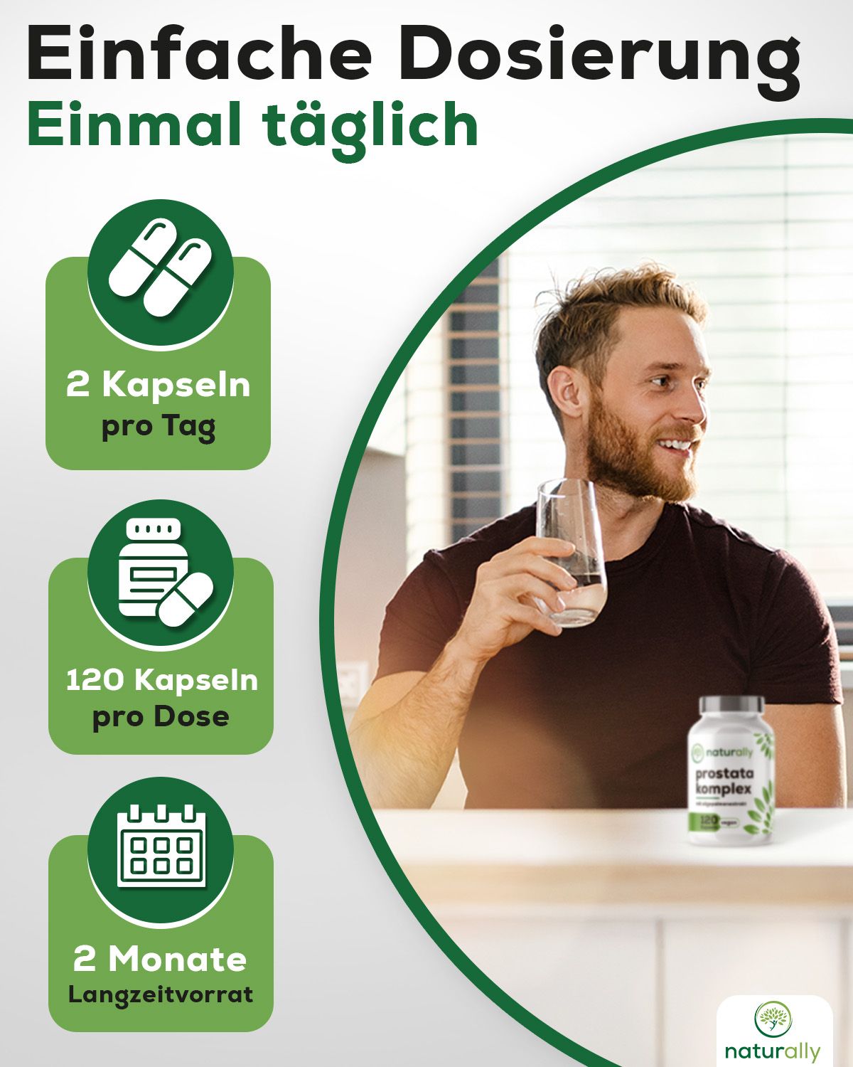 Mann trinkt Wasser. Grafiken: 2 Kapseln pro Tag, 120 Kapseln pro Dose, 2 Monate Vorrat. Flasche im Hintergrund.