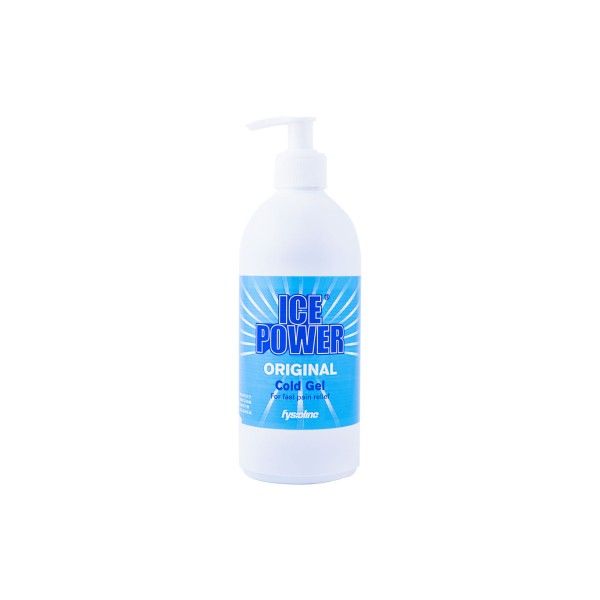 Weiße Flasche mit blauem Etikett. Aufschrift: ICE POWER ORIGINAL Cold Gel. Mit Dosierpumpe.