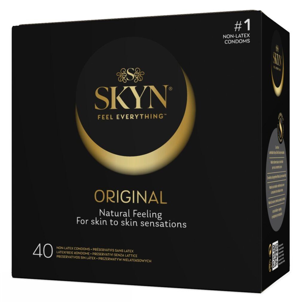 Schwarze Verpackung SKYN Original, 40 Kondome. Logo und Text "#1 Non-Latex Kondome". Aufschrift "Natural feeling for skin to skin sensations".