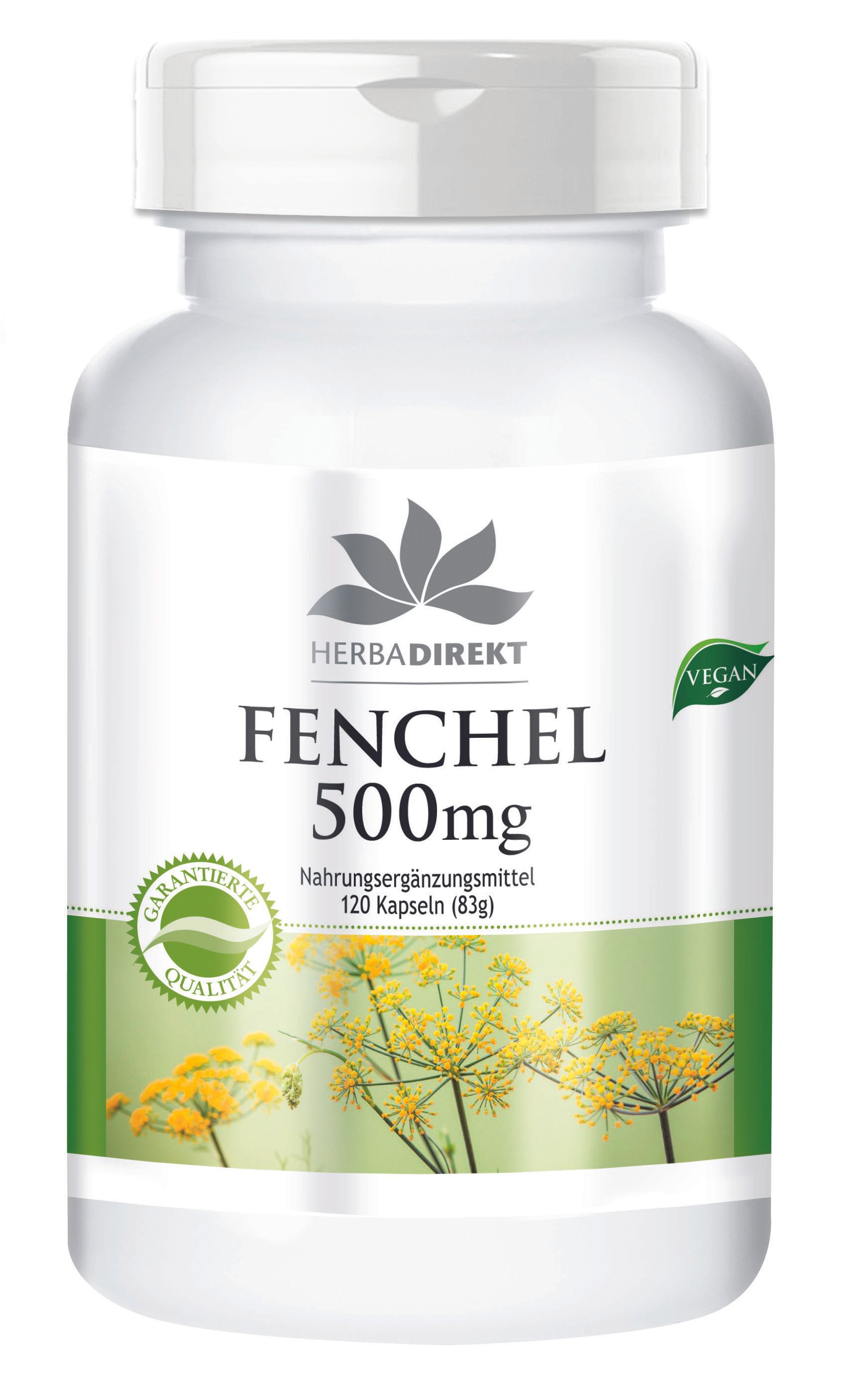 Weiße Flasche mit grünem Etikett. Aufschrift: Fenchel 500mg, 120 Kapseln. Logo: Herbadirekt. Siegel: Garantierte Qualität. Vegan-Siegel.