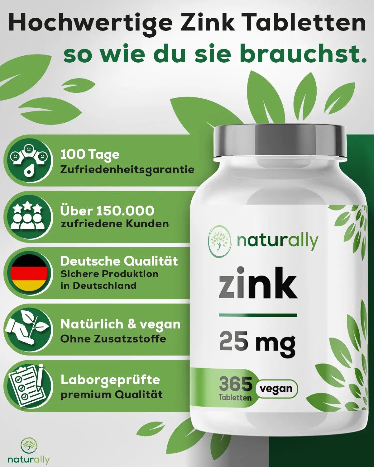 Weiße Flasche mit "naturally zink 25 mg" und 365 Tabletten. Grün-weiße Verpackung mit Zertifizierungen.