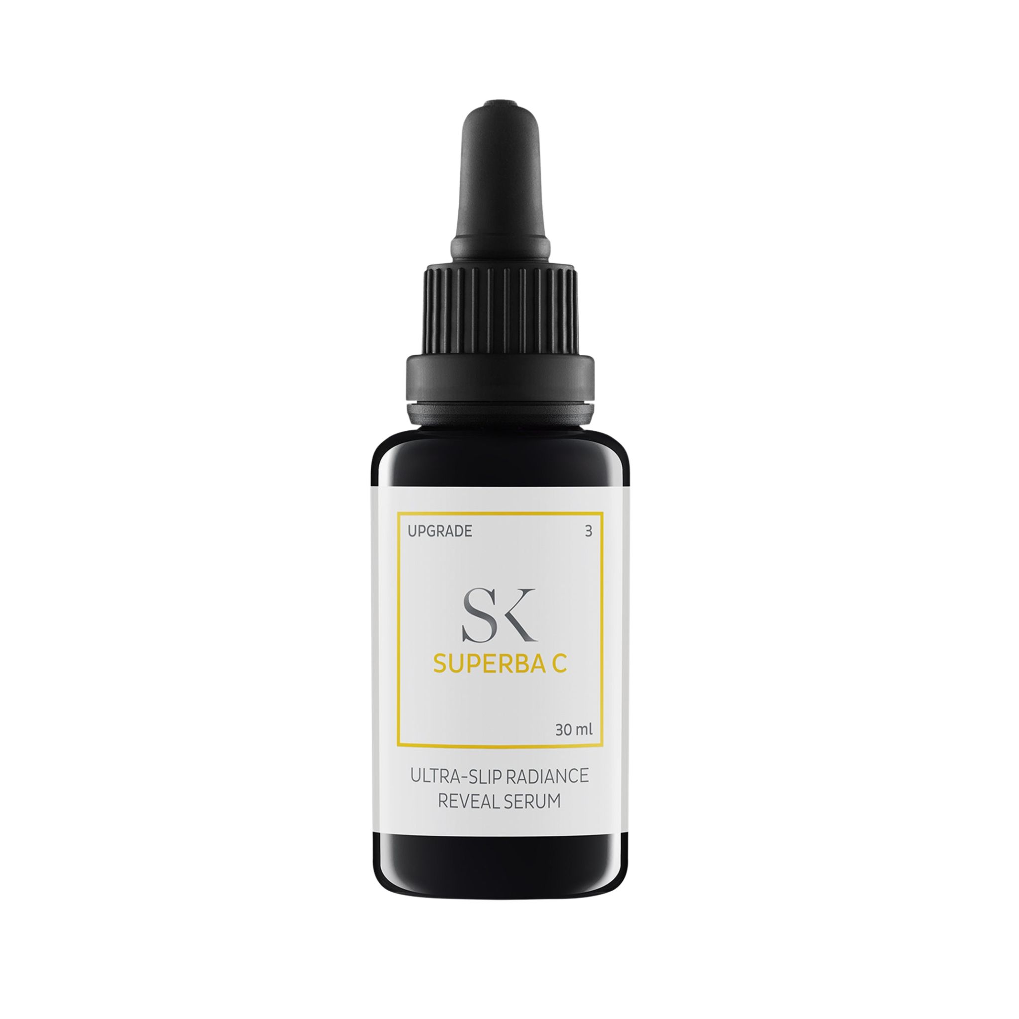 Schwarze Flasche mit Pipette. Auf dem Etikett steht "SK SUPERBA C" und "ULTRA-SLIP RADIANCE REVEAL SERUM".