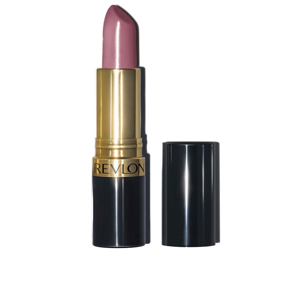 Lippenstift, offene Kappe. Goldener und schwarzer Behälter. Aufschrift: REVLON.