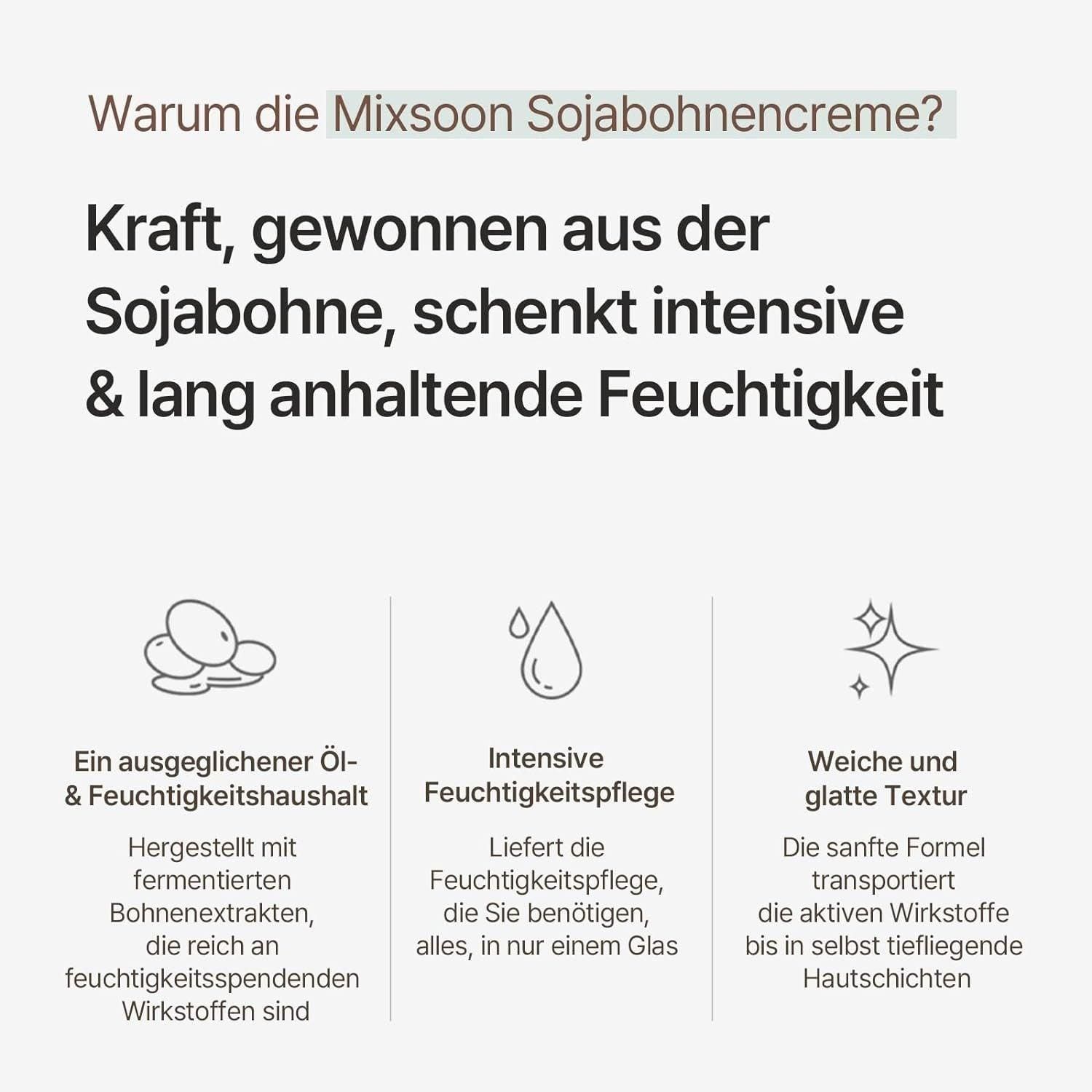 Produkt mit Text: Mixsoon Sojabohnencreme. Vorteile: Öl- & Feuchtigkeitshaushalt, intensive Feuchtigkeitspflege, weiche Textur.