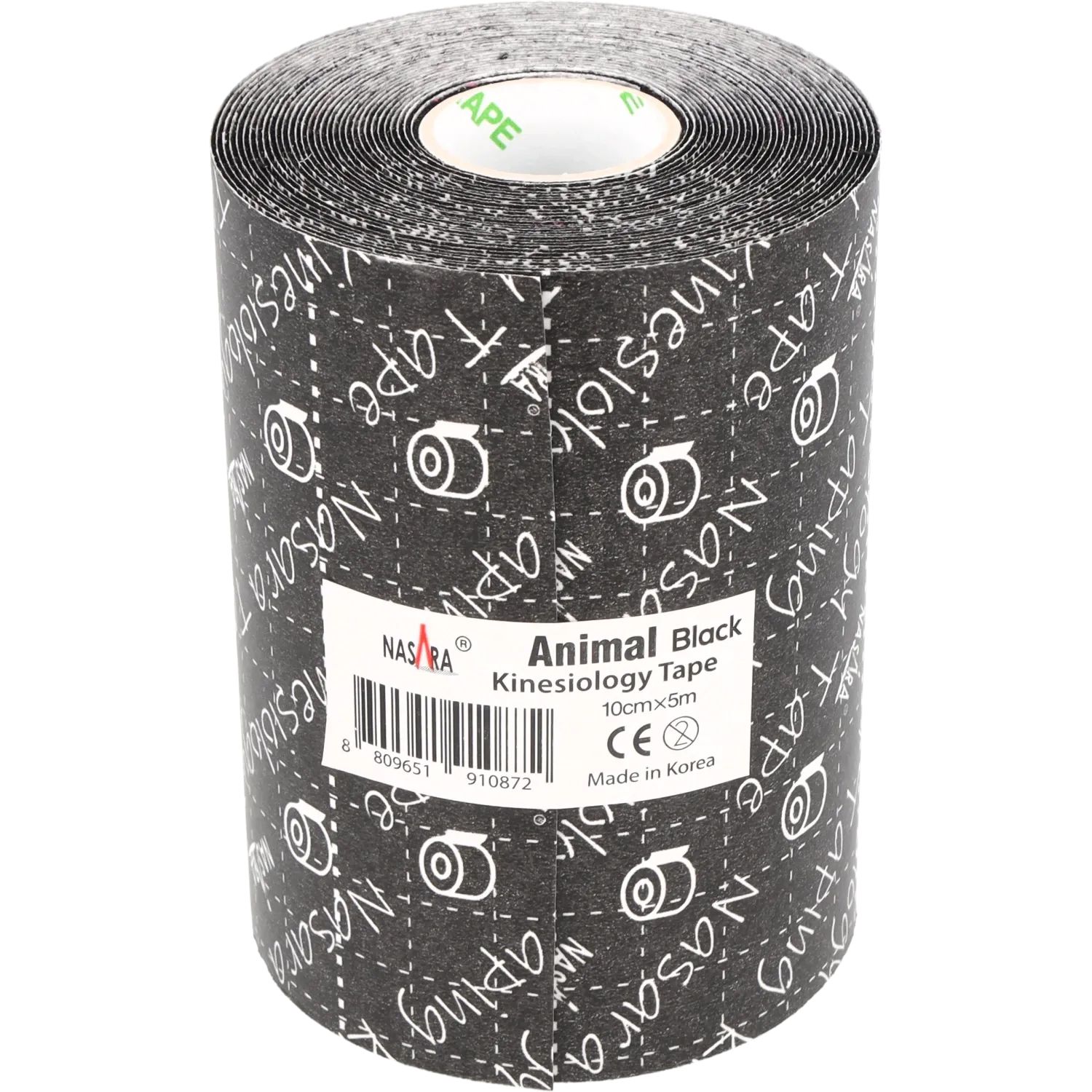 Rolle schwarzes Kinesio-Tape. Aufgedruckt: "Animal Black Kinesiology Tape", "10cmx5m", "Made in Korea" und Barcode. Der Markenname ist "NASARA".
