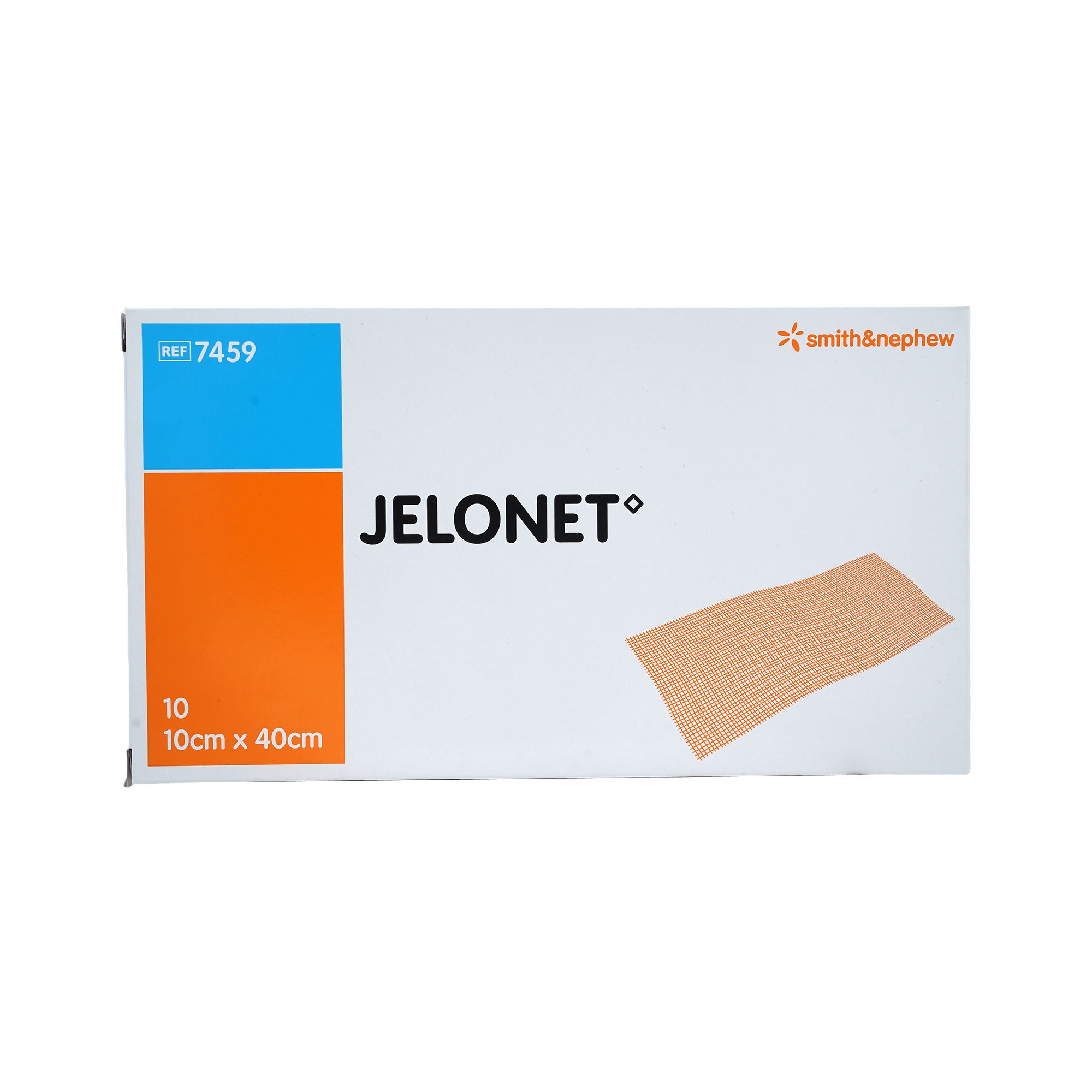 Verpackung mit JELONET Paraffingaze. Aufdruck: 10 cm x 40 cm. Marke Smith & Nephew. Orangefarbene Gaze sichtbar.