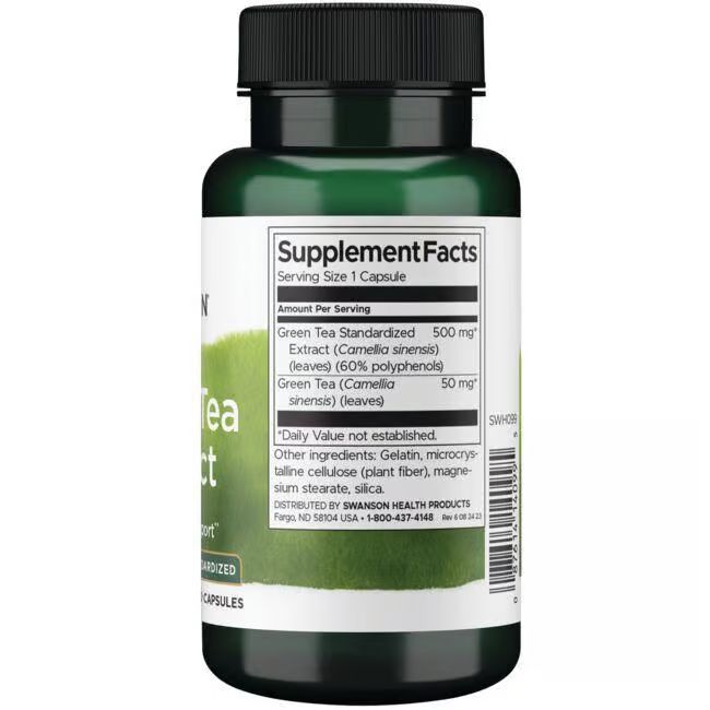 Rückseite einer grünen Flasche mit schwarzen Deckel. Aufschrift: Supplement Facts, Green Tea Extract, 500 mg.