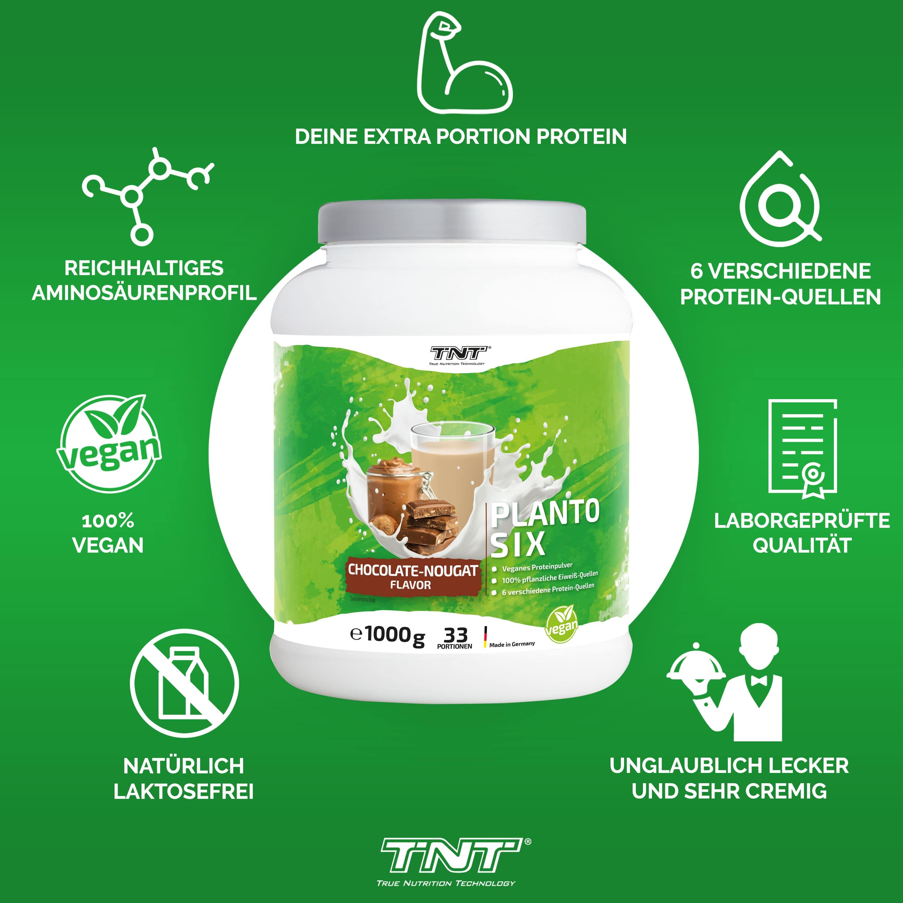TNT Planto Six-Protein-Pulver mit grünen Elementen. Vegan-Siegel, 100% vegan. 6 Proteinquellen. Laktosefrei. Laborgeprüfte Qualität. 1000g, 33 Portionen.