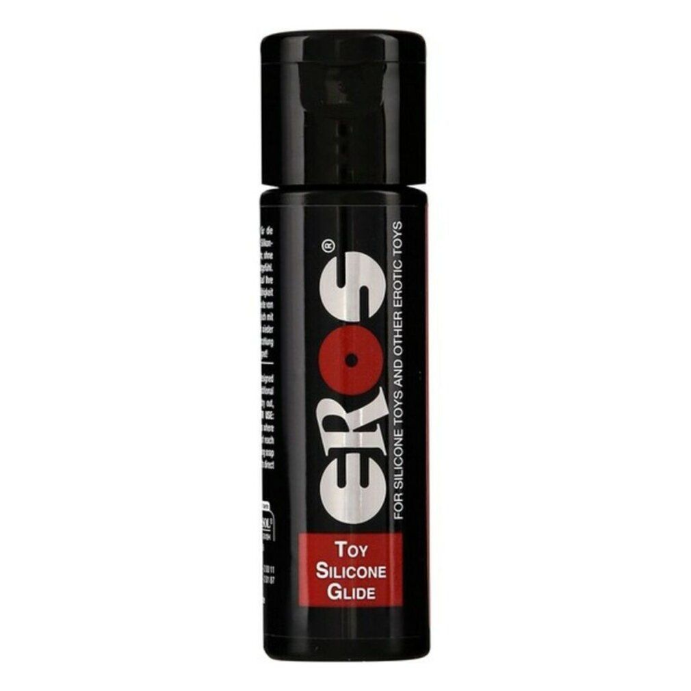 Schwarze Flasche mit Klappverschluss. Aufschrift "Eros" und "Toy Silicone Glide".