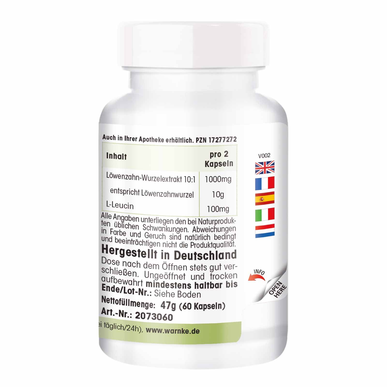 Rückseite der Flasche. Text: Inhalt pro 2 Kapseln. Löwenzahnwurzelextrakt 10:1. Hergestellt in Deutschland. 60 Kapseln.