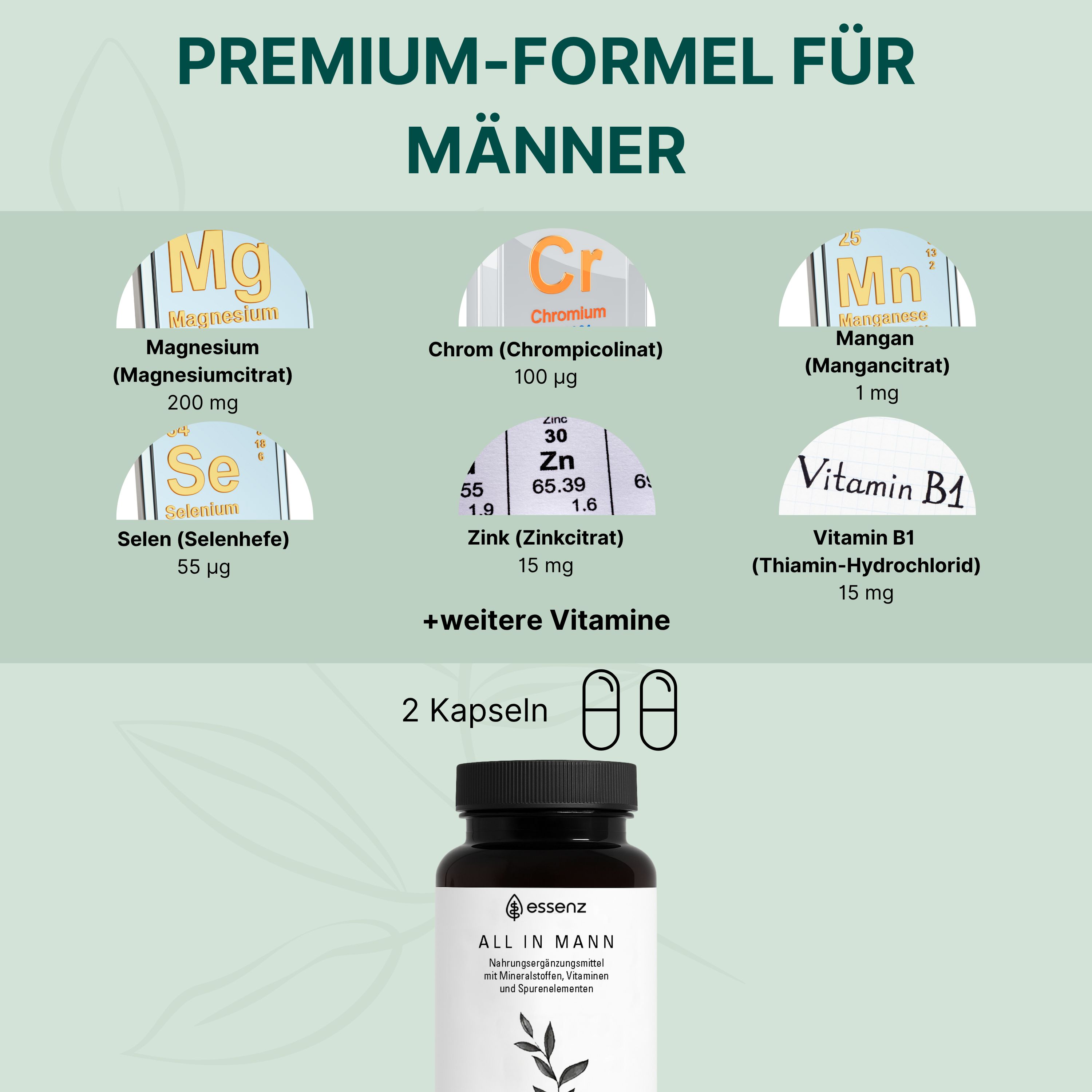 Braune Flasche ESSENZ All in Mann Kapseln, Inhaltsstoffe: Magnesium, Chrom, Mangan, Selen, Zink, Vitamin B1.