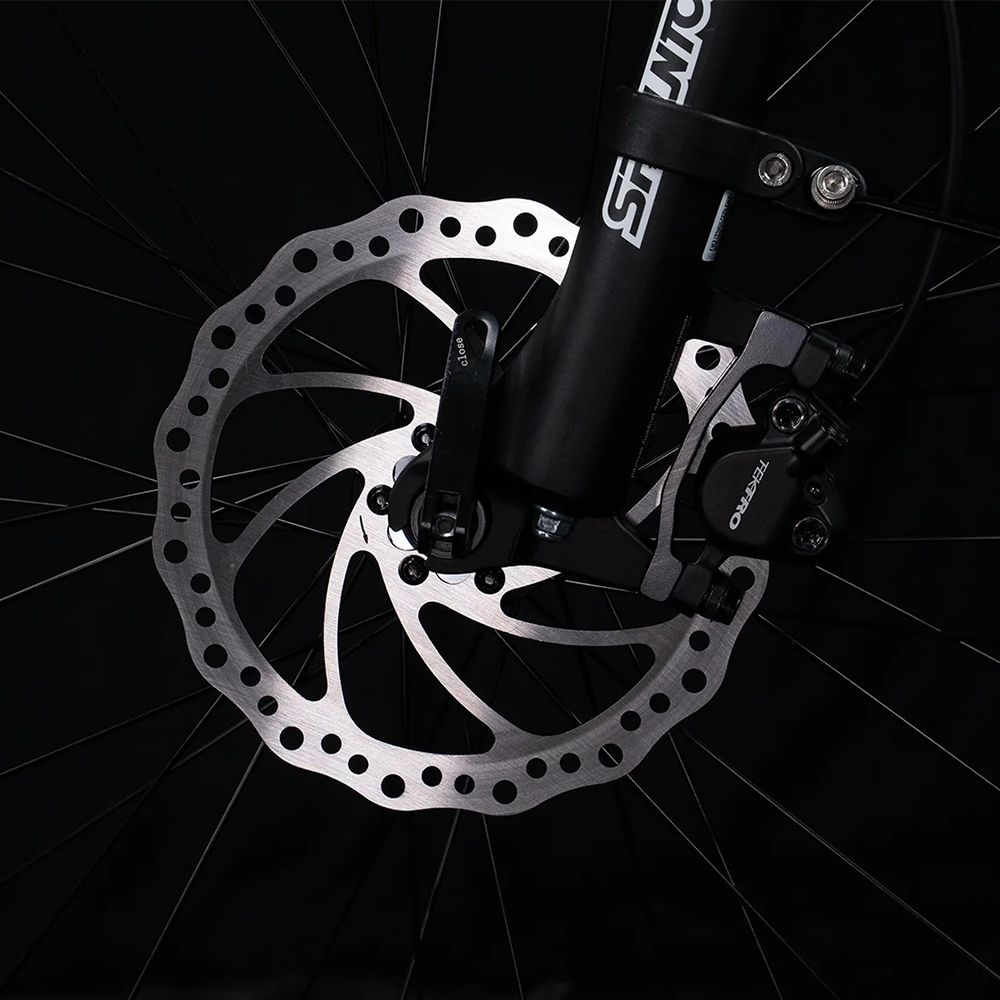 Nahaufnahme der Scheibenbremse eines Fahrrads. Silberne Bremsscheibe mit schwarzem Bremssattel.