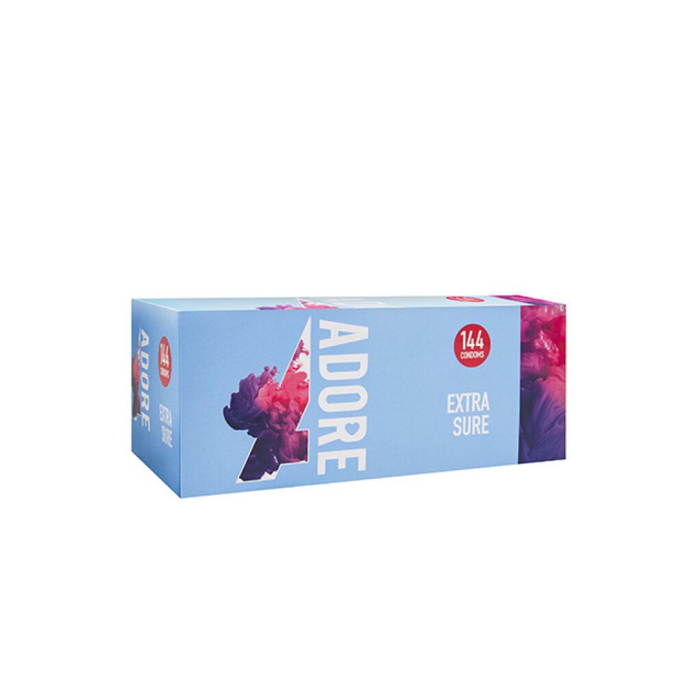 Hellblaue Schachtel mit Adore Extra Sure Kondomen. 144 Kondome.