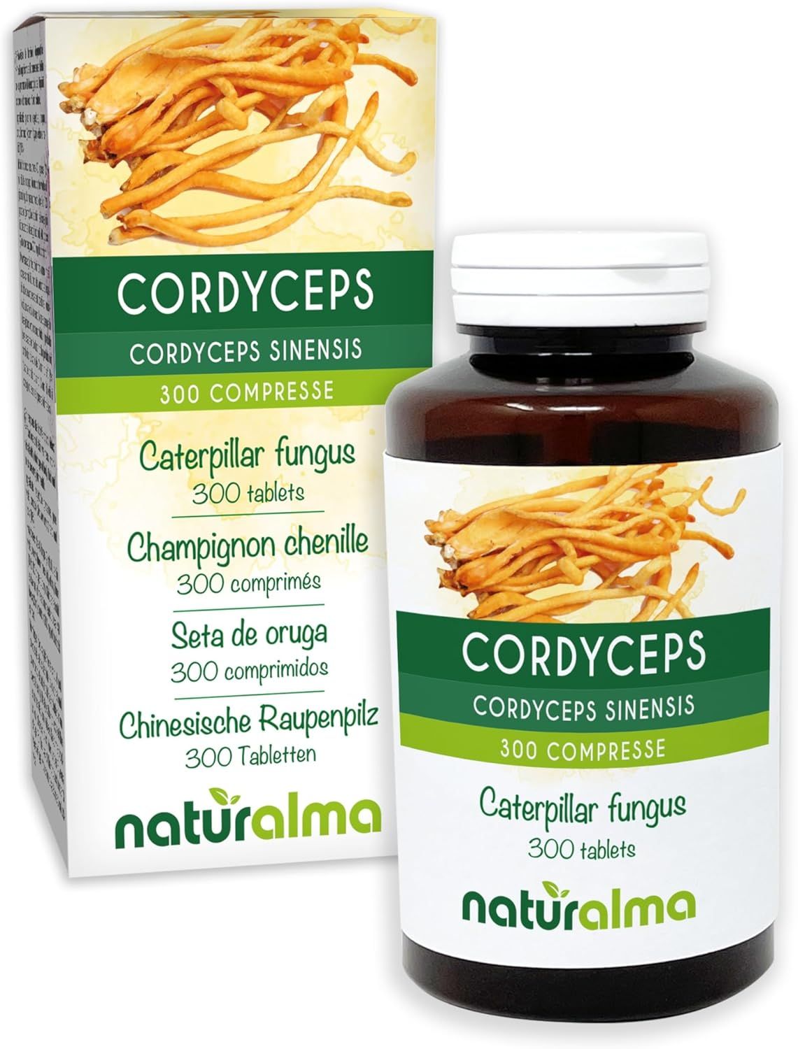 Produkt: Cordyceps Tabletten, 300 Stück. Verpackung: Flasche und Schachtel, Produktname, Inhaltsstoffe, Naturalma Logo.