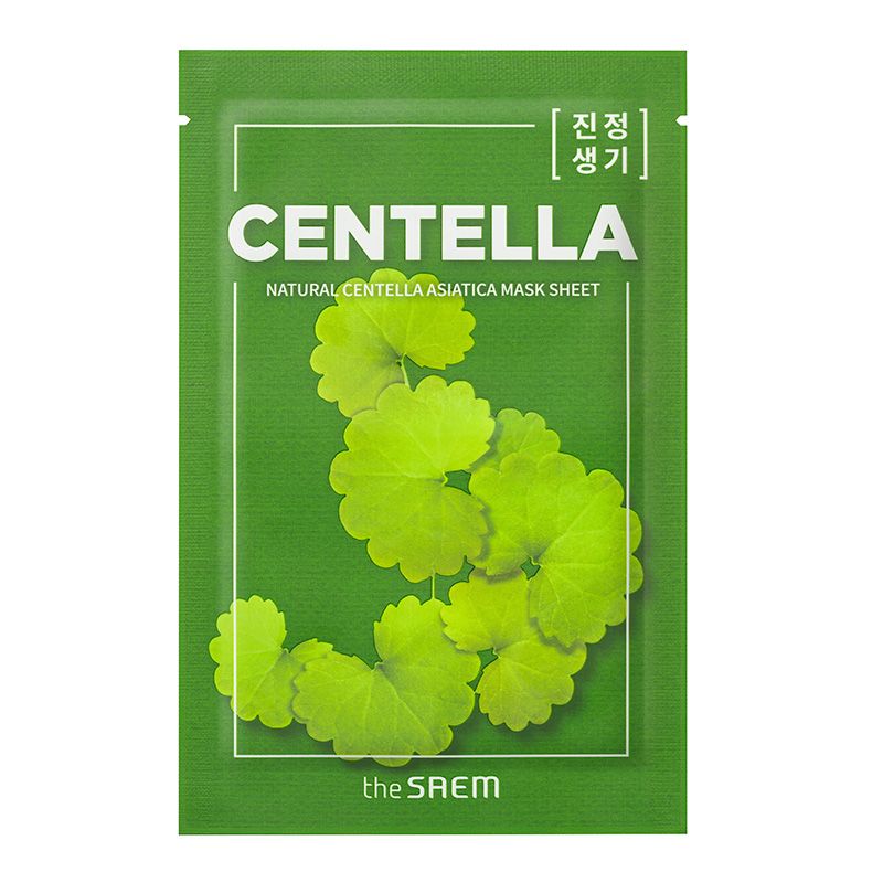 Grüne Verpackung mit weißem Rahmen. Aufschrift CENTELLA und NATURAL CENTELLA ASIATICA MASK SHEET. Logo the SAEM.