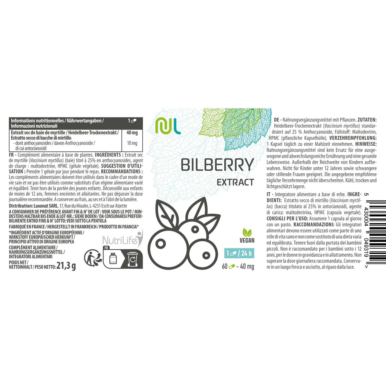 Etikett mit Produktinformationen. Aufschrift: Bilberry Extract, Vegan-Siegel, Dosierung. Text in Deutsch und Italienisch.