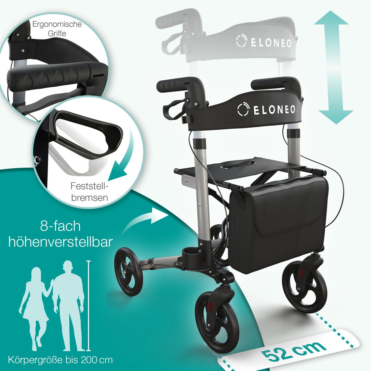Rollator mit ELONEO-Logo, 8-fach höhenverstellbar, Feststellbremsen, ergonomische Griffe. Körpergröße bis 200 cm, Breite 52 cm.