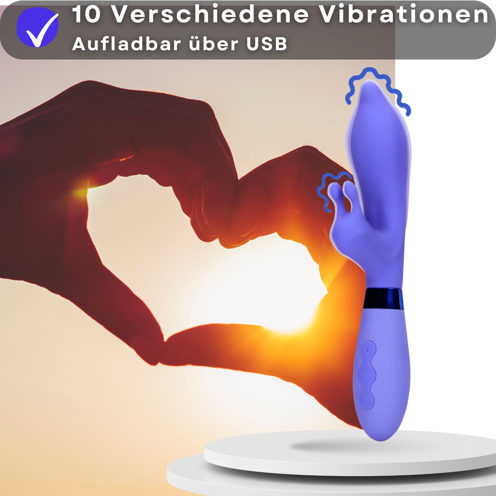 Lila Vibrator. Text: 10 verschiedene Vibrationen, USB-Aufladung. Hand formt Herz. Wellenlinien zeigen Vibrationen an.