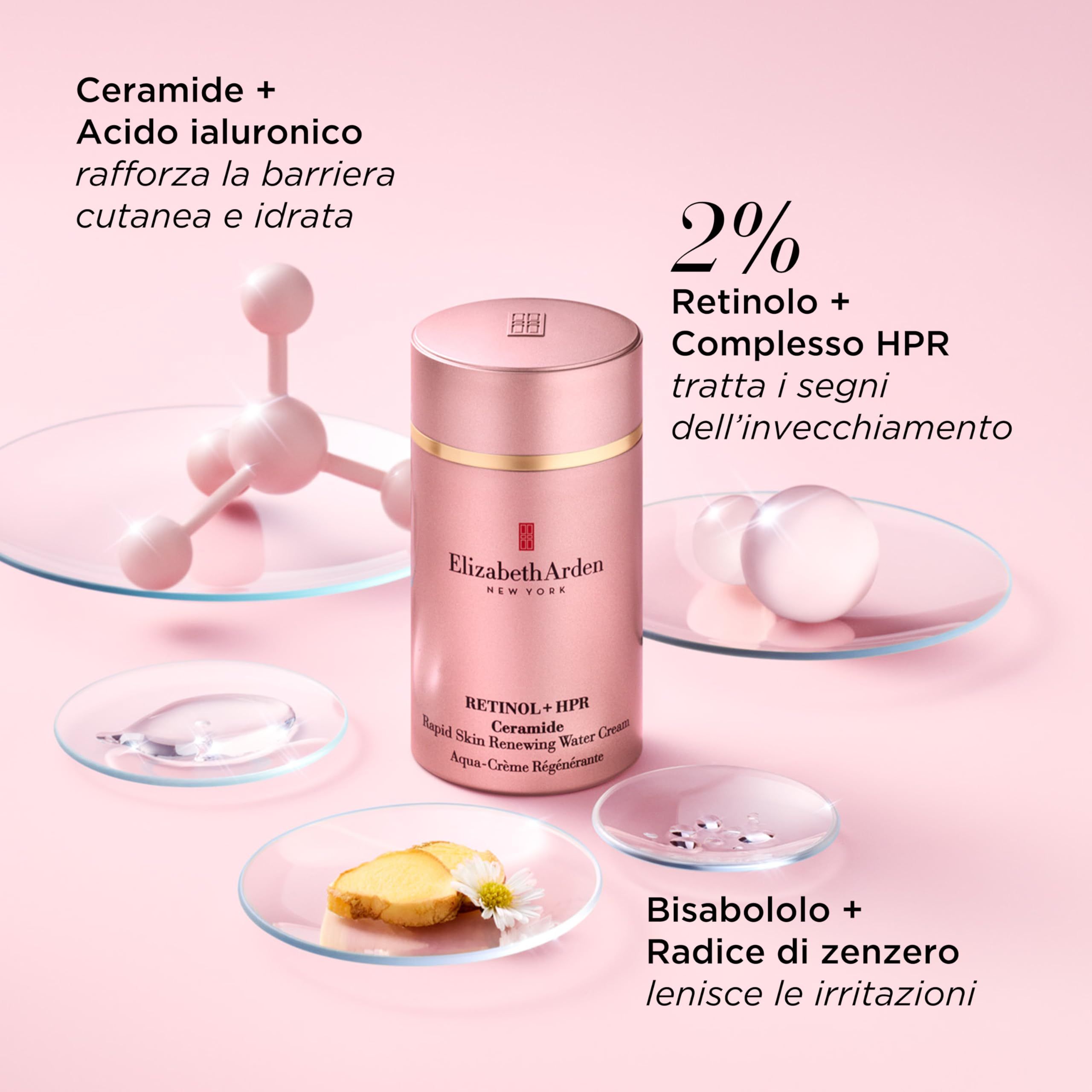 Rosafarbene Creme-Verpackung mit goldenen Details. Text: Elizabeth Arden, Retinol + HPR Ceramide, Aqua-Crème Régénérante. Zusätzliche Elemente.