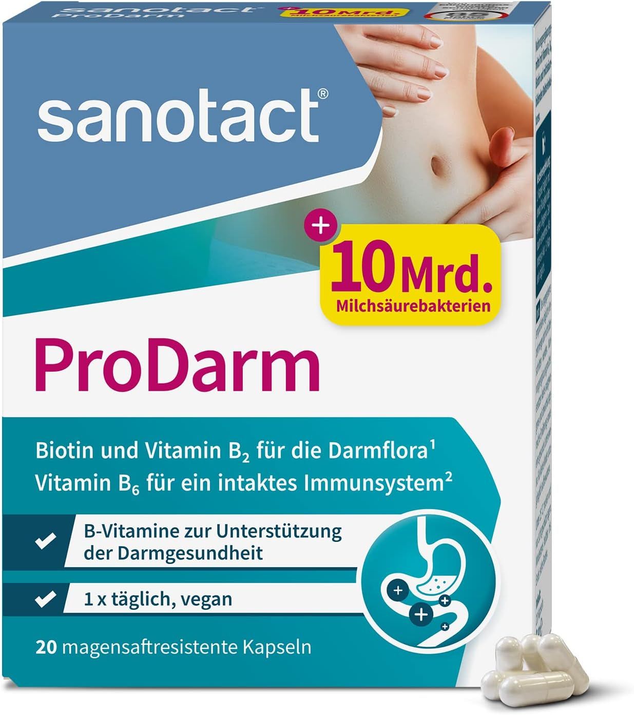 sanotact ProDarm Packung mit 10 Mrd. Milchsäurebakterien. Enthält 20 magensaftresistente Kapseln. Vegan. Für Darmflora und Immunsystem.