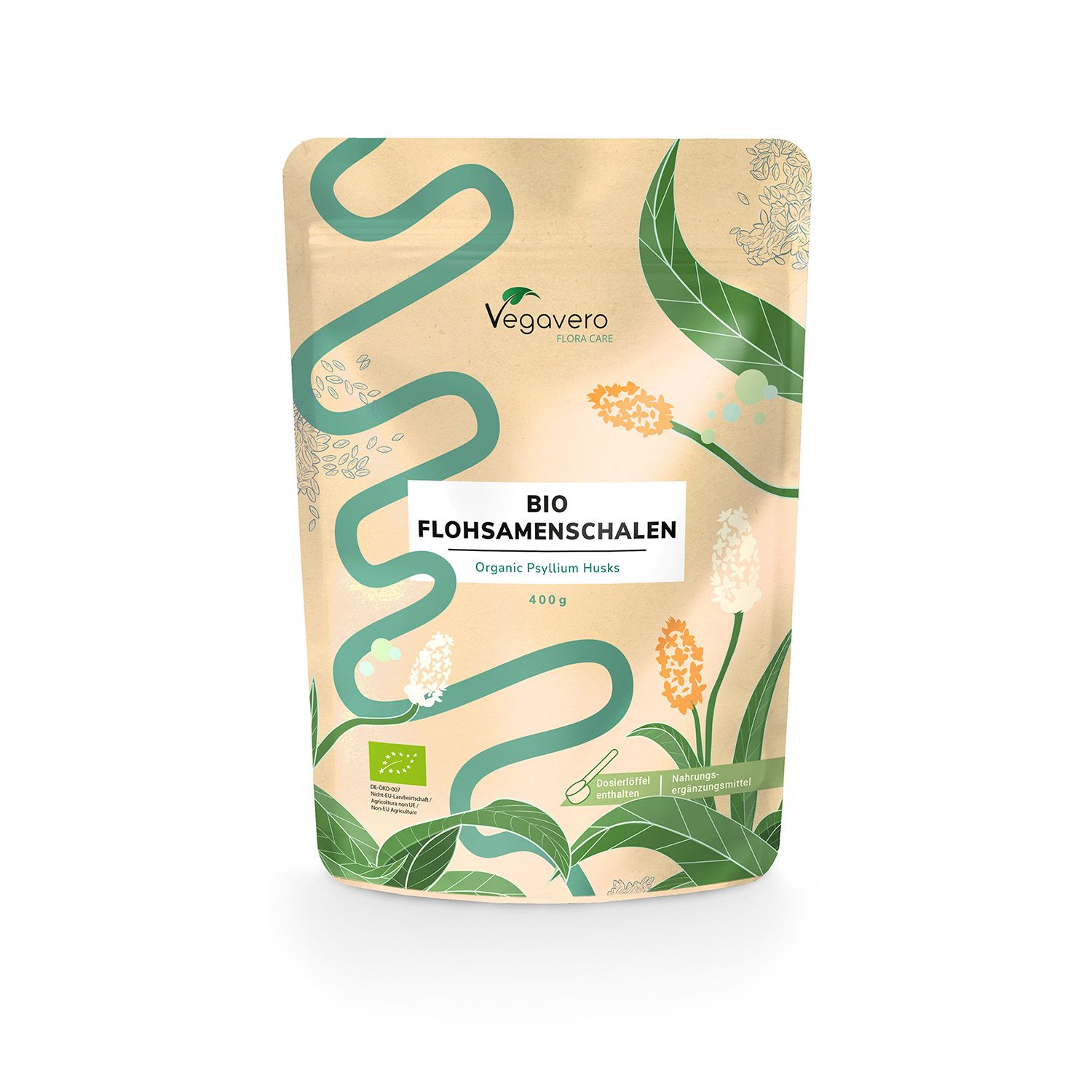 Beutel mit BIO Flohsamenschalen. Marke Vegavaro. Grün-braunes Design mit floralen Elementen. 400g.