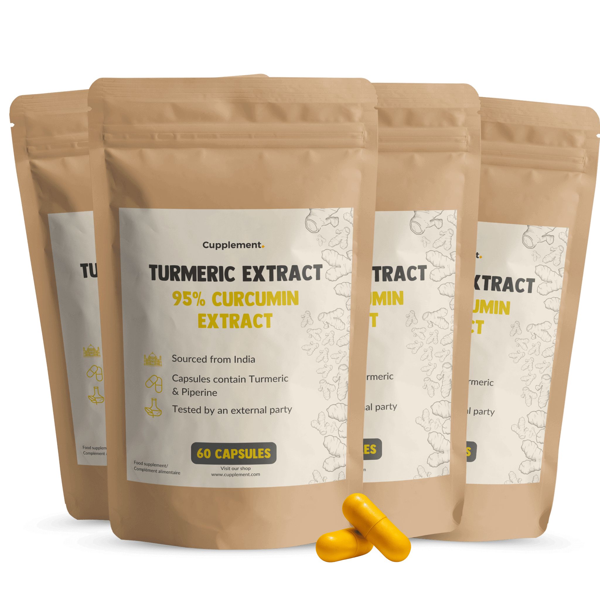 Mehrere Beutel mit Kapseln. Aufschrift: Turmeric Extract 95% Curcumin Extract. 60 Kapseln. Gelbe Kapseln liegen daneben.