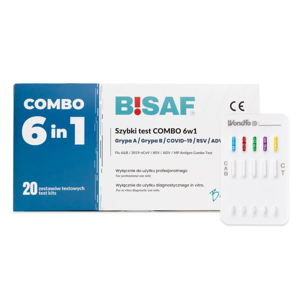 BISAF COMBO 6in1: SARS-CoV-2, Flu A/B, RSV, Adenovirus, Mycoplasma – 20 Tests + Gratis Nanovio FFP2